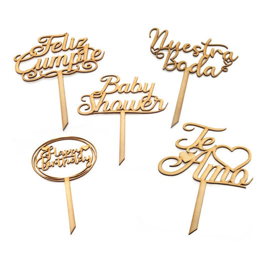 Letreros Cake Topper Variedad Fiesta - Mdf 3mm Pack 40