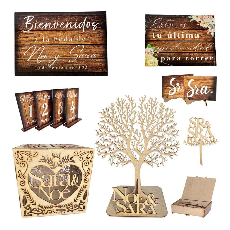 Kit Decoración Boda Arbol Cuadros Numero Mesa Caja Sobres